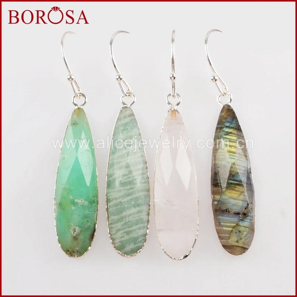 

BOROSA 5pairs Silver Color Teardrop White Quartz Crystal Labradorite Faceted Stone Charms Dangle Earrings Gems Jewelry S1524-E