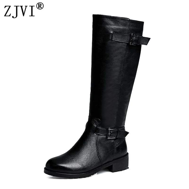 

ZJVI Women Fashion Thigh High Boots Woman Buckle Winter Knee High Boots 2022 Womens Genuine Leather Boots Low Heels Black Shoes