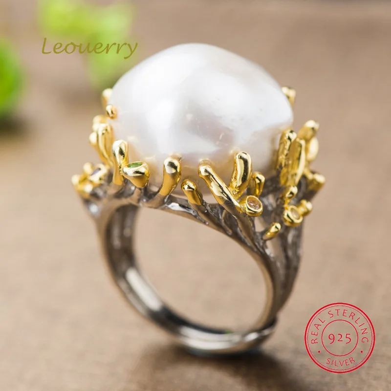 Leouerry 925 пробы серебро барокко кольцо в форме Творческий цветок с натуральным