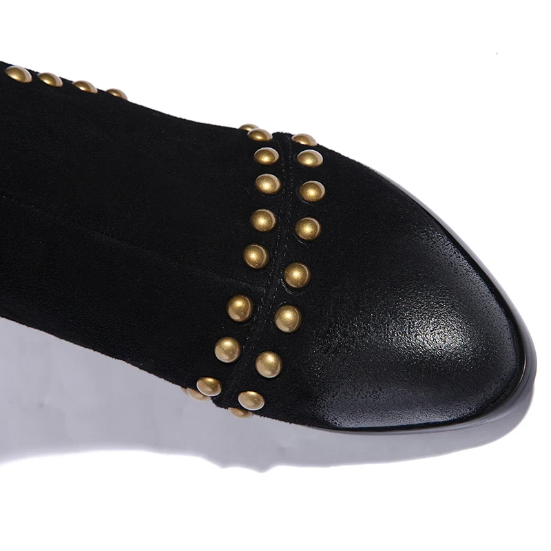 Nubuck Genuine Leather Buckle Rivets Women Boots Vintage Pointed Toe Ankle Chunky Heels Spring Winter Shoes Woman Big Size | Обувь