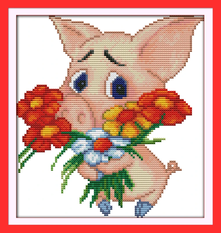 The pig present a bouquet cross stitch kit 14ct 11ct count print canvas stitches embroidery DIY handmade needlework plus | Дом и сад