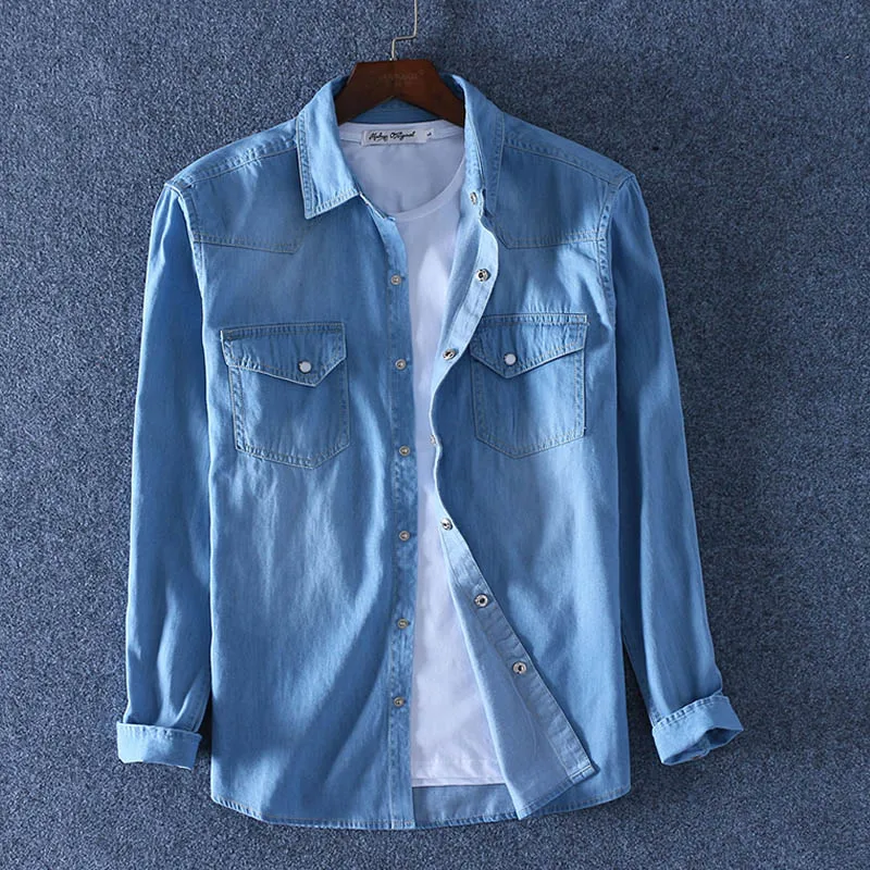 Light Blue Весенне-осенняя мужская джинсовая тонкая рубашка с длинным рукавом из мягкого хлопка с двумя карманами, тонкие немного эластичные джинсы в ковбойском стиле 4XL - Цвет: Light Blue