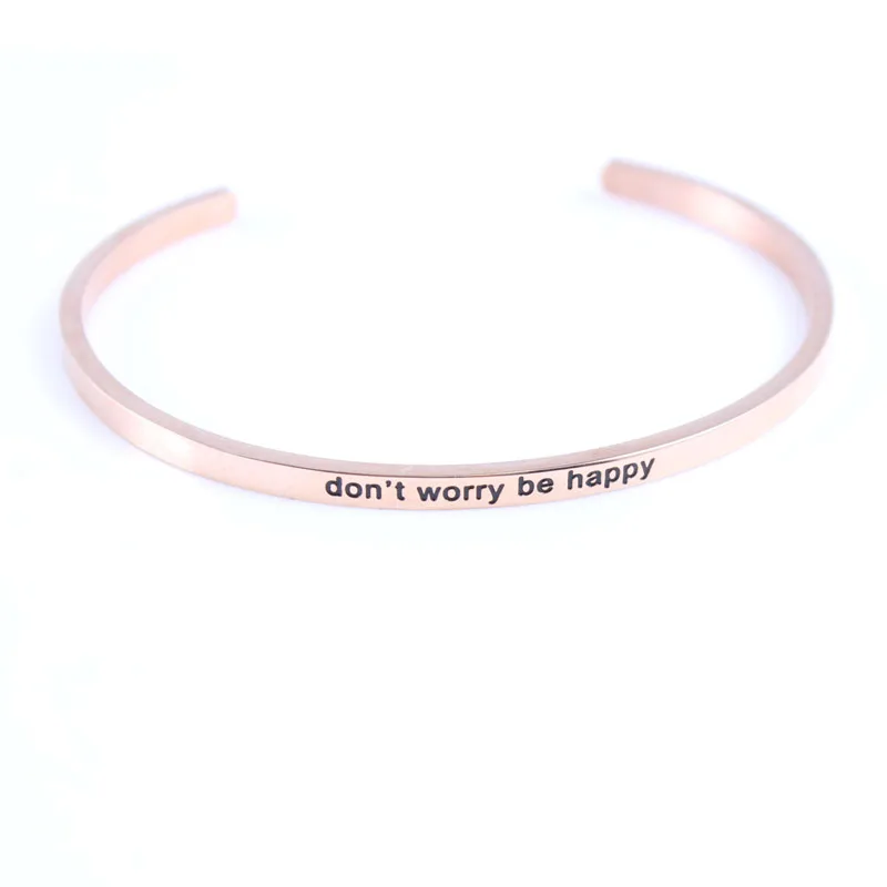 Silver Rose Gold Don't Worry Be Happy 316L Stainless Steel Bangle Engraved Positive Inspirational Quote Mantra Bracelet | Украшения и