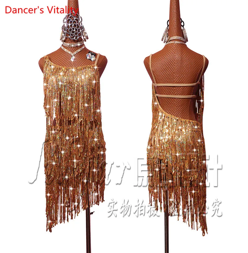 

2018 New Latin Dance Dresses Performance Costumes Competition Clothing Women Girls Sling Backless Gold Tassel Irregular Dress