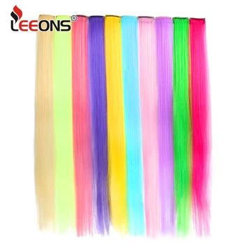 Leeons Clip In One Pieces Hair Extensions Straight Ombre Purple Blue Pink Extension Hair Women Synthetic False Fake Hair 1