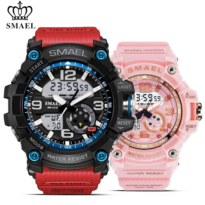 Red Pink SMAEL 2 шт./компл. Водонепроницаемый спортивные часы Для мужчин военный Часы с двойным табло Для женщин цифровые часы автоматические механические часы - Цвет: Red Pink