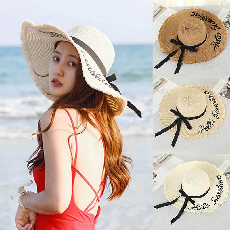 Плетеная шляпа от солнца соломенная черная лента завязывающаяся для женщин