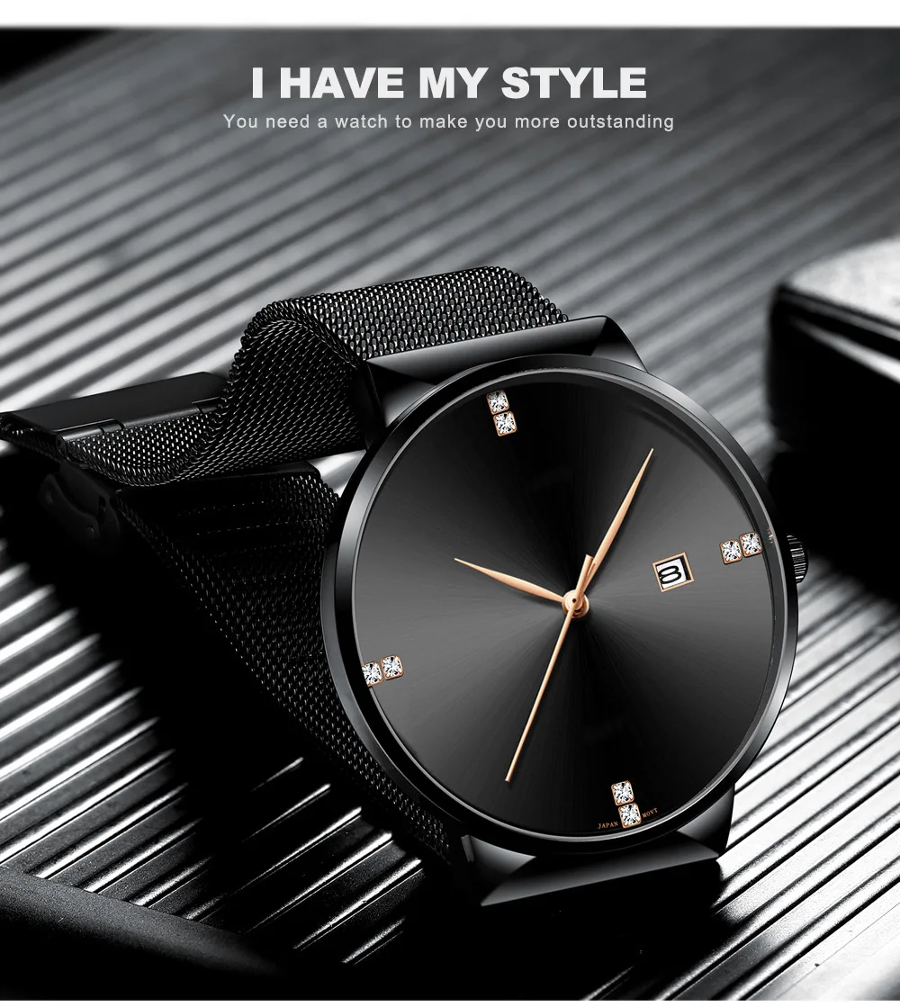 

Fashion Watch Men Waterproof Slim Mesh Strap Minimalist Wrist Watches For Men Quartz Sports Watch Clock Relogio Masculino Black