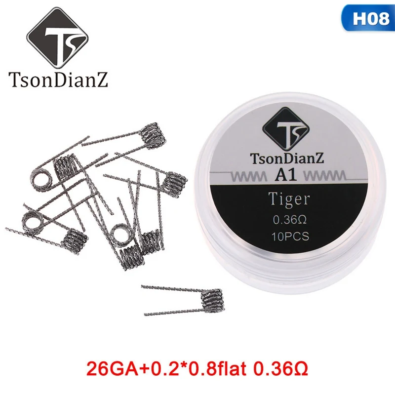 H08 Tiger 0.36ohm TsinDianZ A1 10 шт. плоский витой провод плавленый Clapton катушки Hive предварительно завернутый провод Alien Mix Twist Quad Tiger нагревательная спираль rda - Цвет: H08 Tiger 0.36ohm