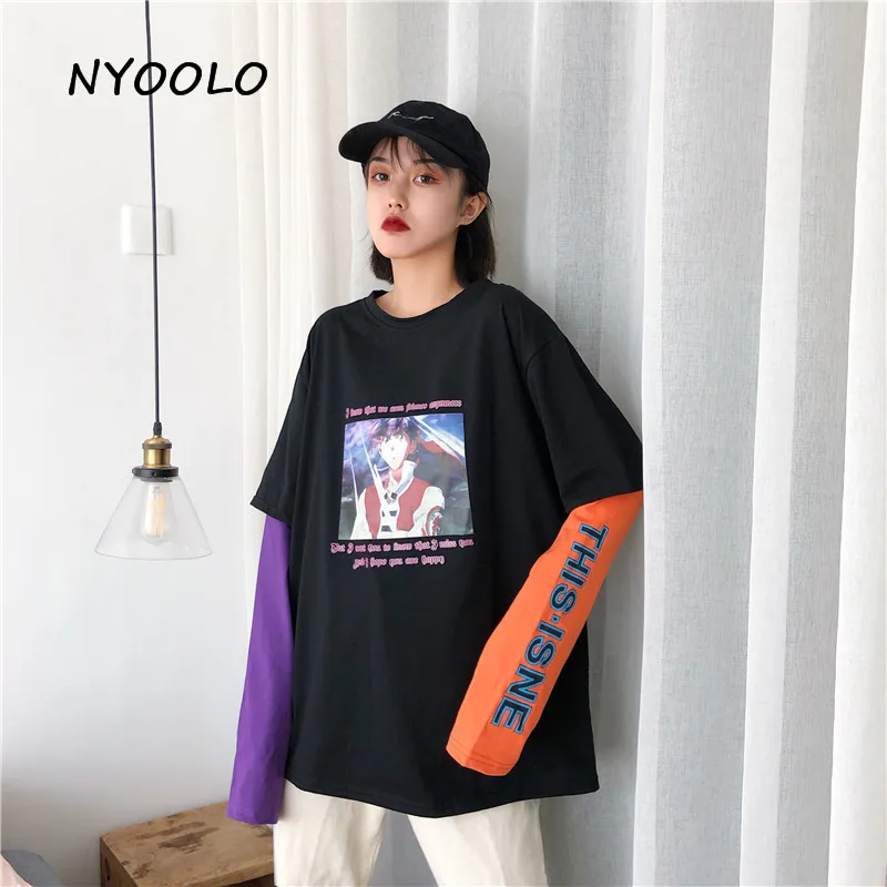 Футболка NYOOLO Harajuku с принтом аниме, 2 штуки, Лоскутная футболка, Повседневная Уличная футболка с длинным рукавом, женская одежда, топы, футболки