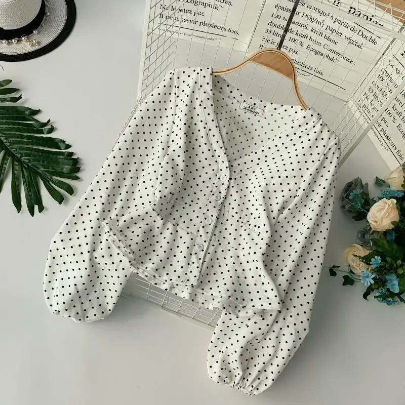 Милые весенние новые шифоновые рубашки в горошек с v образным вырезом и длинным