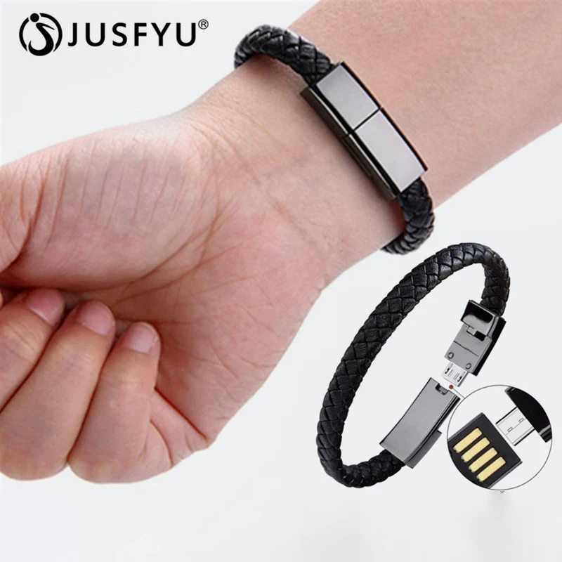 

JUSFYU Lether USB Data Synchronize Cable Braided Bracelets Bangles for iphone X 6s Phone Charger Punk USB Charging Cable Jewelry