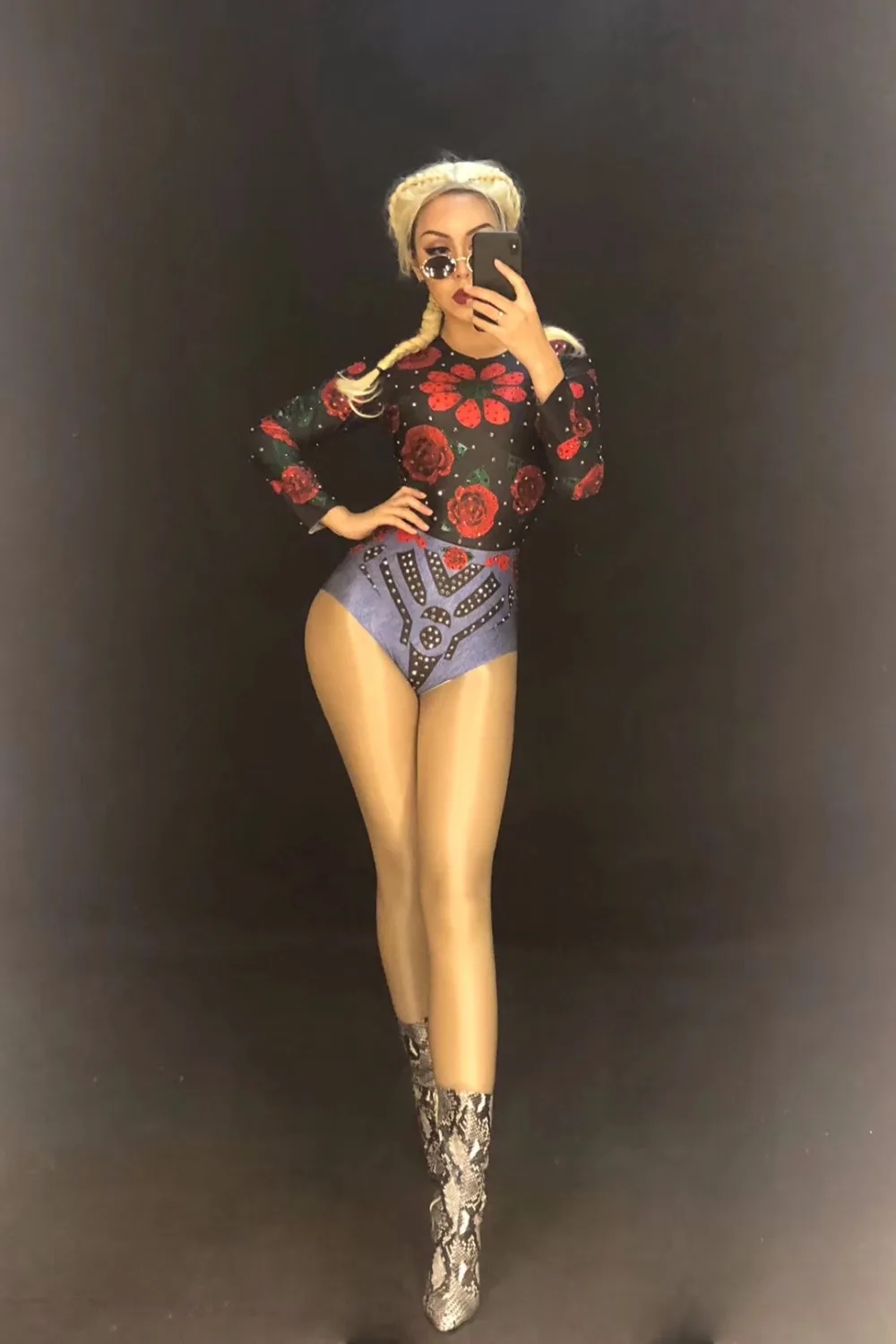 Women Sexy Stage Bodysuit Red Flowers Sparkling Crystals Nightclub Birthday Party Stage Wear Singer Dancer Bling Dance Costumes