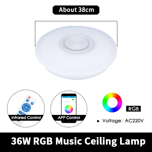 Современный светодиодный потолочный светильник с Bluetooth, музыка, RGB лампа с регулируемой яркостью, 36 Вт, 40 Вт, приложение, дистанционное управление, AC 220 В, 240 в, яркие вечерние, для спальни - Цвет корпуса: RGB-RT-BT-APP 38cm