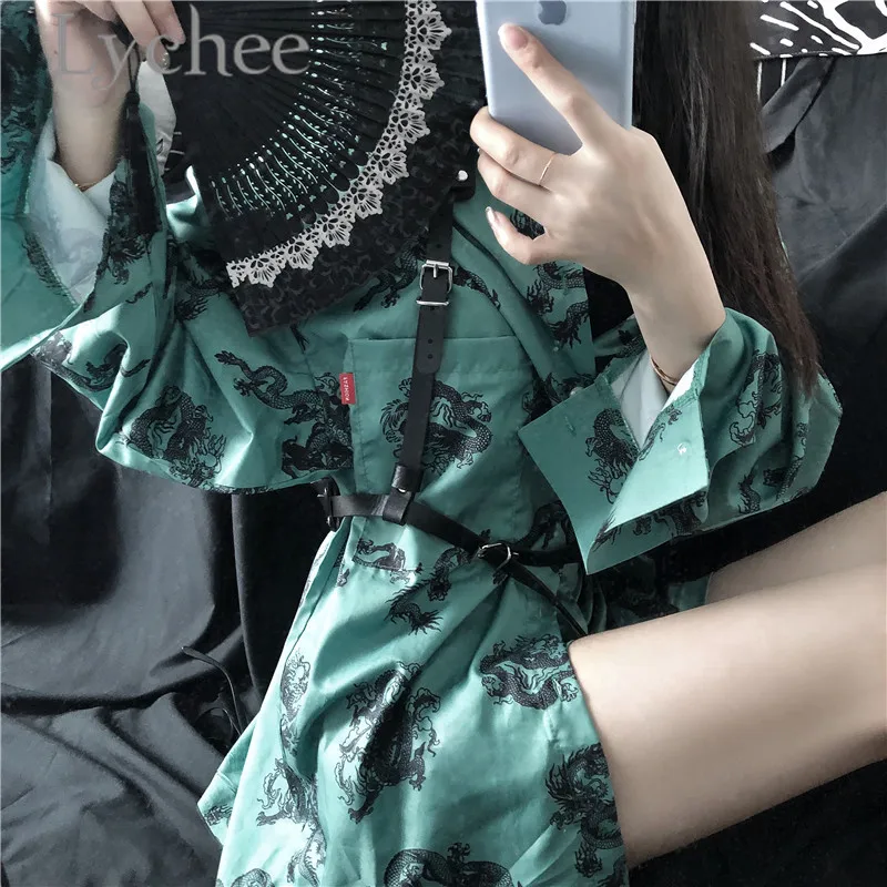 Lychee Harajuku, женские шорты с принтом дракона, выше колена, высокая талия, лето, весна, цветной блок, хит, цвет, свободные женские шорты