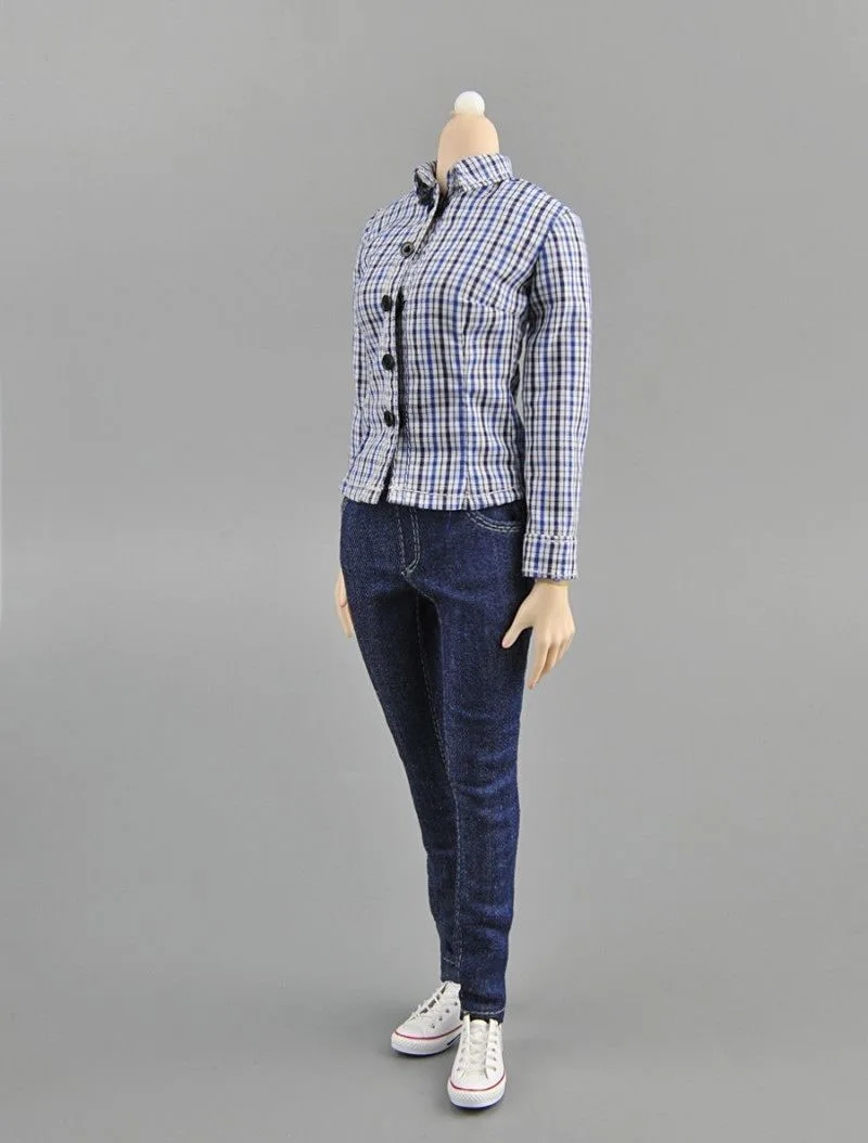 1:6 масштаб женская синяя клетчатая рубашка и джинсы жилет джинсовые комплекты