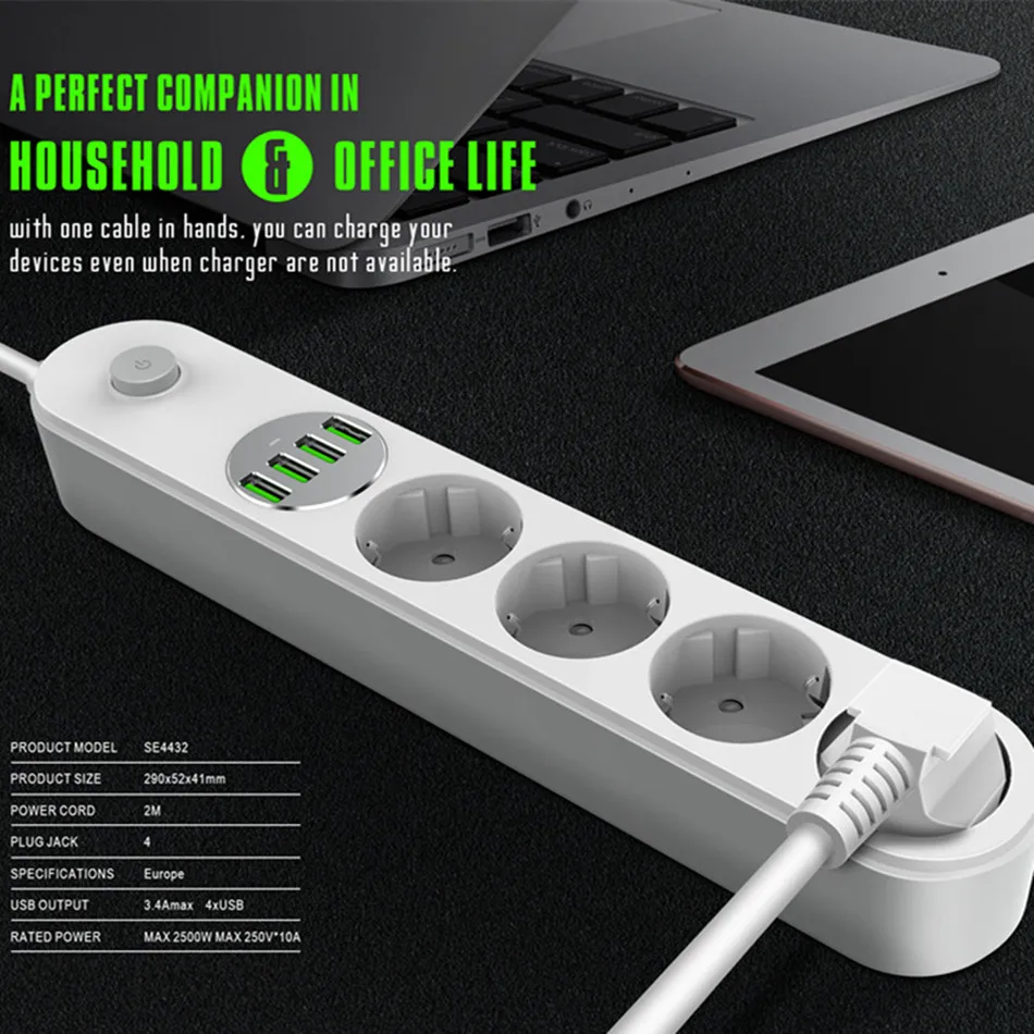 Многофункциональная 4usb-розетка SE4432 LDNIO 2 m европейского стандарта нескользящая |