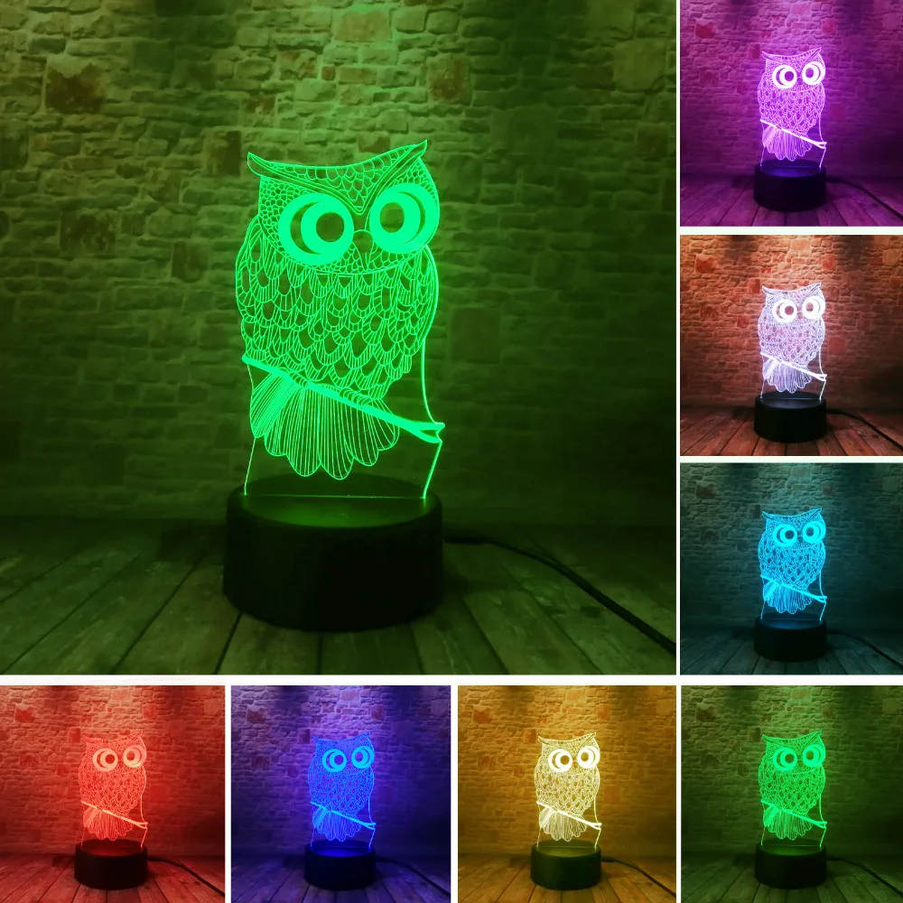 3D Сова LED настольная лампа ночник светильник 7 цветов Изменение сенсорного