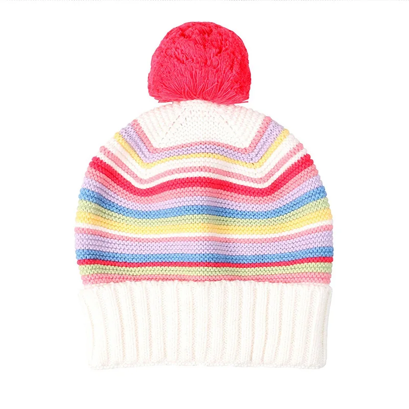 Rainbow Stripe Baby Beanies Warm Hat Winter Thick Crochet Cotton Infant Girls Caps High Quality Comfortable with Pompom 2019 New | Детская