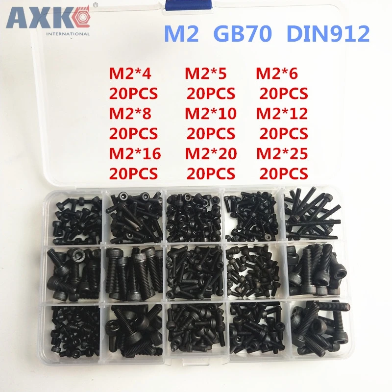 AXK 180 шт/кор. M2 наборы винтов Шестигранная головка крышки винта DIN912 черный