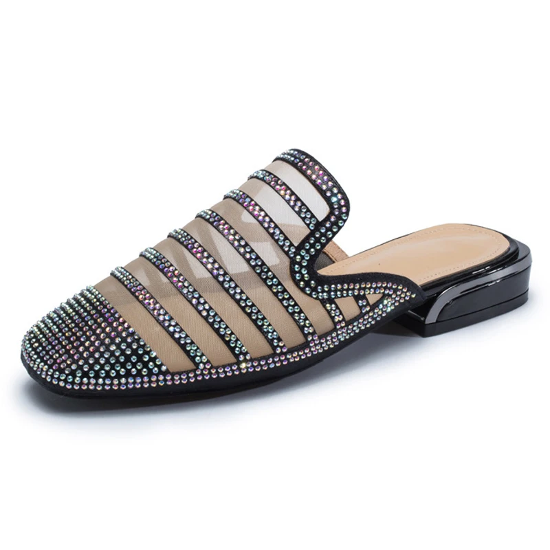 Parkside Wind Ladies Slippers Striped Flat With Crystal Mules Shoes Outside Mesh Women Slides Footwear XWA1821-5 | Обувь