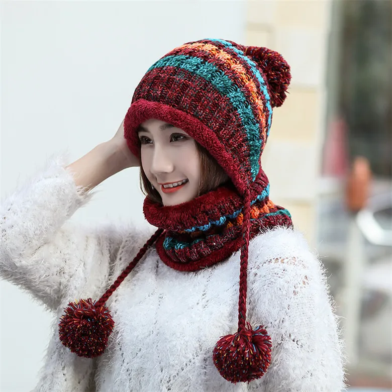 set red Теплая вязаная шапка для женщин, толстые теплые шапочки, шапки Skullies, Женский вязаный берет, шапка бини, зимняя бархатная вязаная велосипедная шапка, нагрудник - Цвет: set red