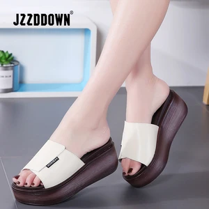 JZZDDOWN летние женские тапочки из натуральной кожи с открытым носком