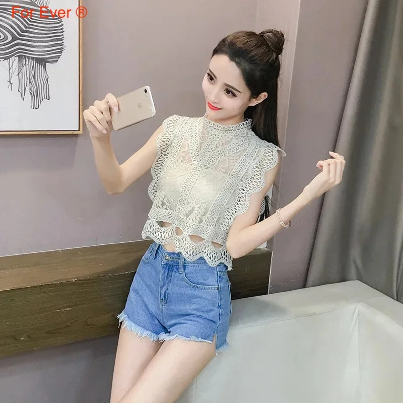 Женская Летняя Открытая короткая рубашка милый кружевной топ зеленый и белый два