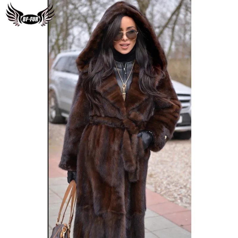 BFFUR Winter Coat With Hood Real Mink Fur Outerwear 2022 New Arrival Leather Jacket Women Warm Casual Gothic Dress Genuine Coats