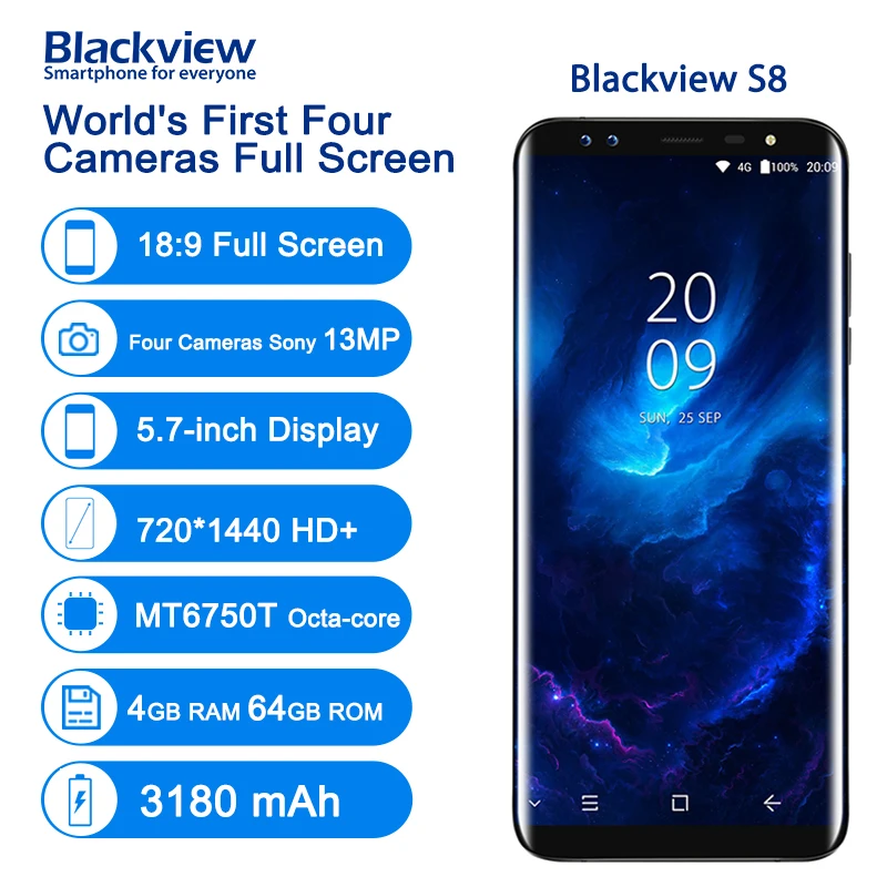 Blackview S8 5 7 дюйма 18:9 смартфон 4G RAM 64g ROM четыре Камера mt6750t восемь ядер 1440*720 LTE