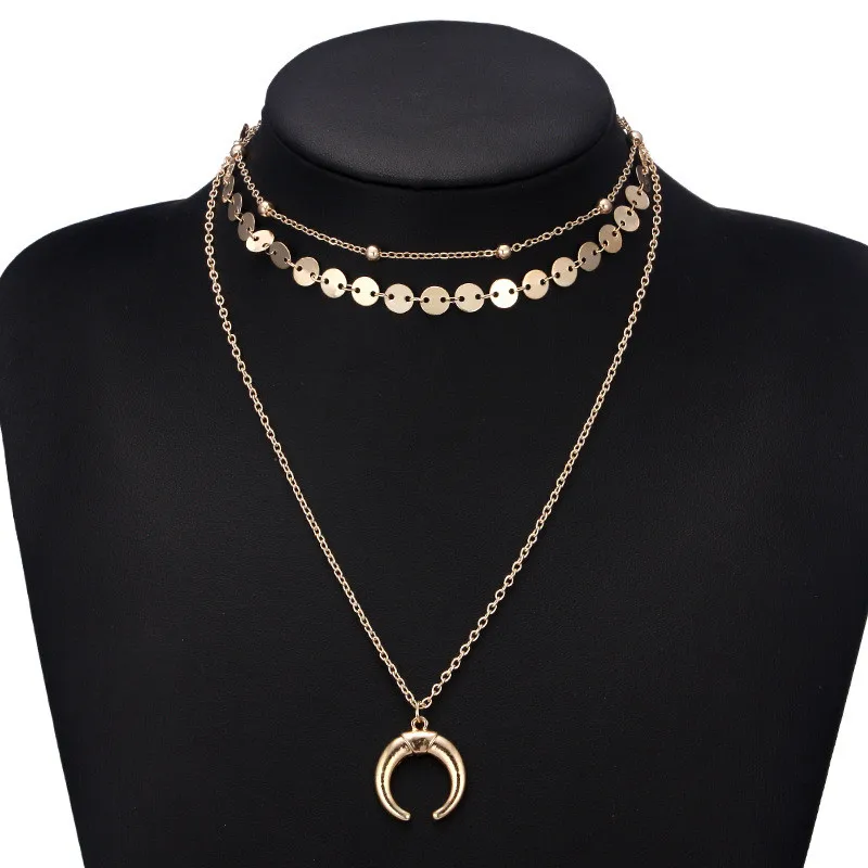 

New For Women Fashion Moon Sequins Pendant Necklace Gold Color Choker Vintage Multi Layer Necklace