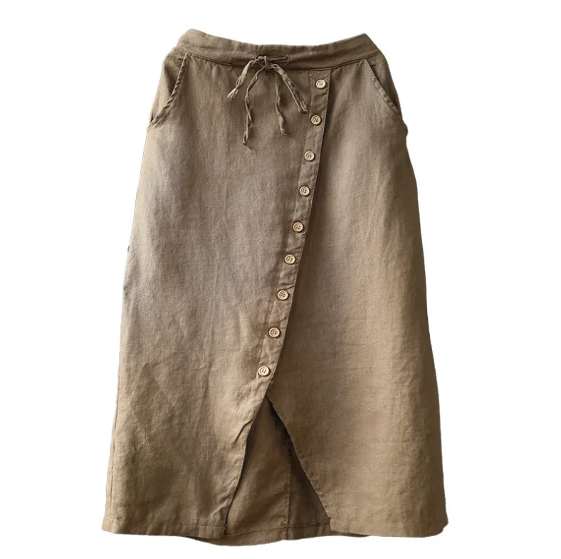 2019 летняя хлопчатобумажная льняная юбка Женская эластичная талия сплошной цвет