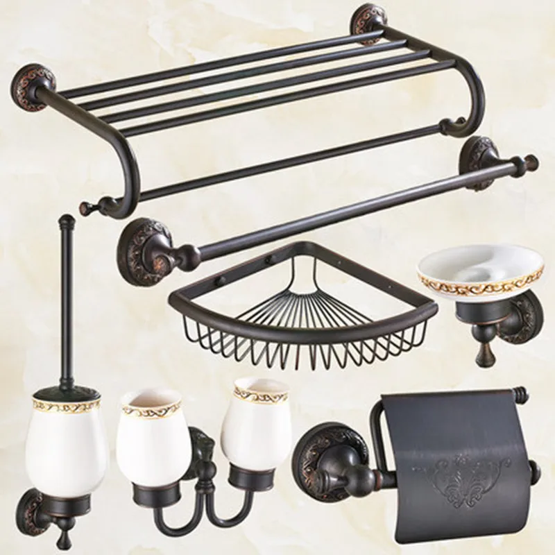 

Antique Black Oil Rubbed Solide Brass Bathroom Accessories Set Wall Mounted Bronze Oiled Bathroom Products Carved Bathroom Sets