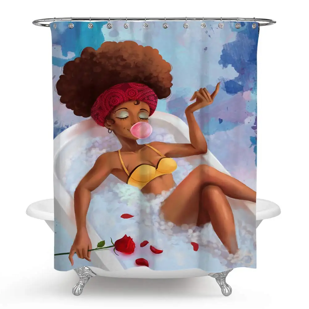 

Afro Sexy Lady Shower Curtain Sexy Bikini Black Woman Lying on The Bathtub with Pupping Bubble Gun