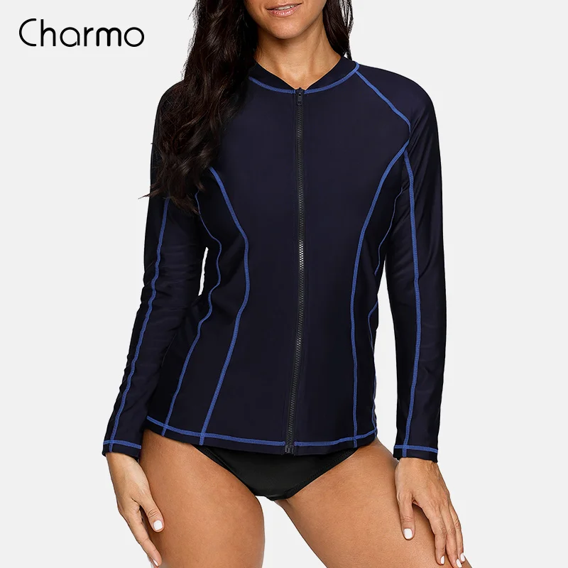 

Charmo Women Long Sleeve Zipper Rashguard Swimsuit Running Shirt Swimwear Surfing Top Rash Guard Zipper UPF50+ Hiking Shirt