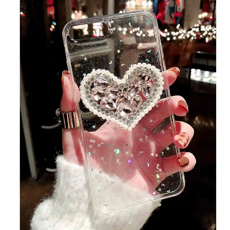 Crystal Rhinestone Heart Phone Case for iPhone XS Max XR X Fashion Designer For iphone 7 8 6s 6 + Bling Star Silicone Soft | Мобильные