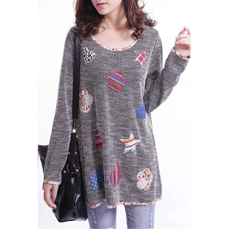 Осенние модные Аппликации Длинные футболки женские с круглым вырезом длинным