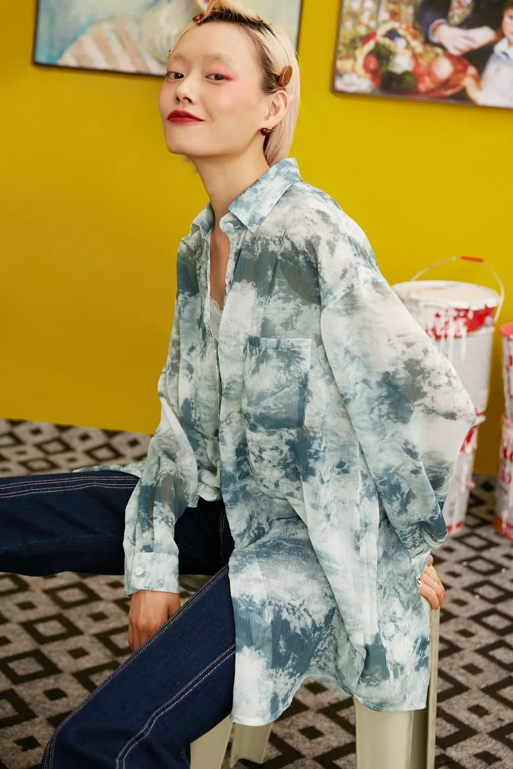 Samstree Tie Dye женские рубашки с принтом, осень, модные уличные женские блузки с длинным рукавом, винтажные свободные топы в Корейском стиле