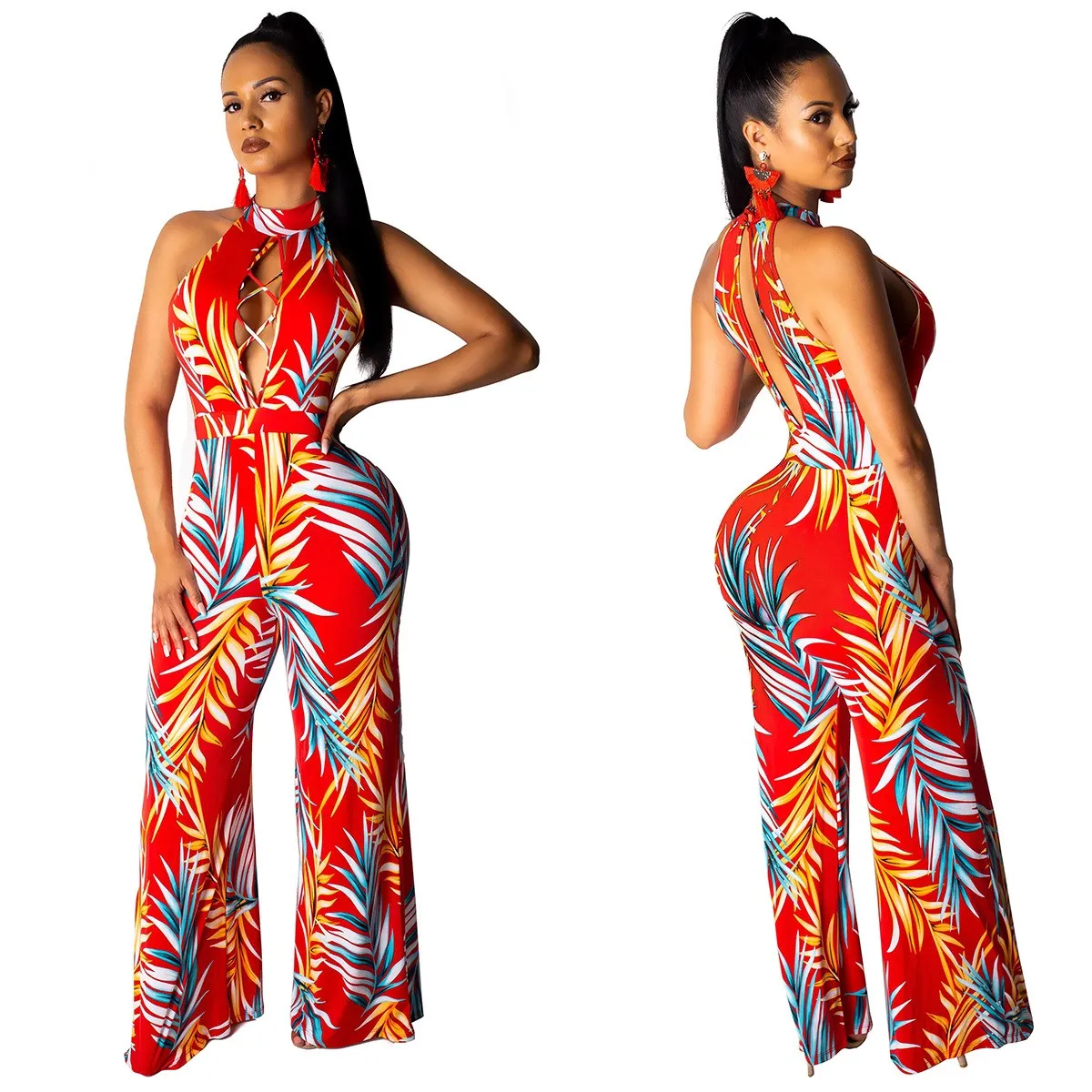 Women Sexy Halter Backless Print Floral Jumpsuit Casual Off Shoulder Hollow Out Wide Leg Rompers Straight Summer Long Overalls | Женская