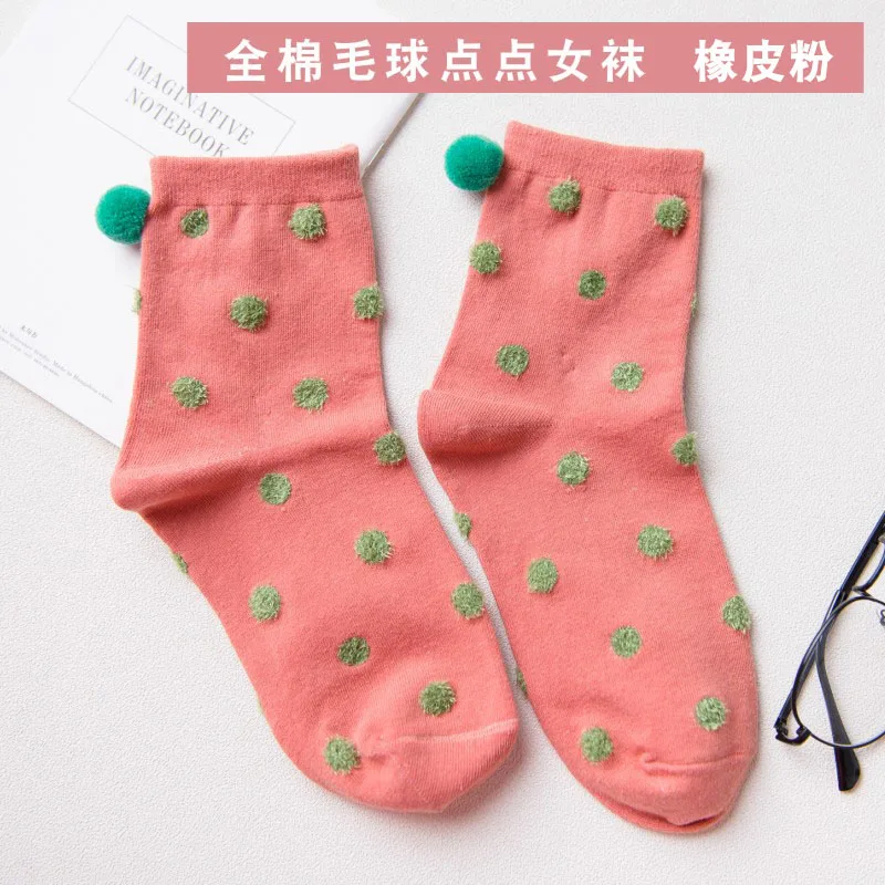 Caramella Women Socks Autumn Winter Dot Colorful Socks Lace Cute Pom Pom Casual Breathable Yellow Women Fashion Lady Socks - Цвет: dark pink