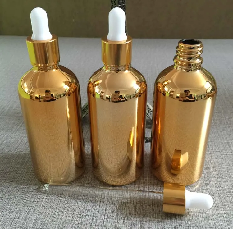 50pieces/lot 100ml High temperature gold plated dropper bottle wholesale , empty glass 100ml dropper bottle for essentical oil