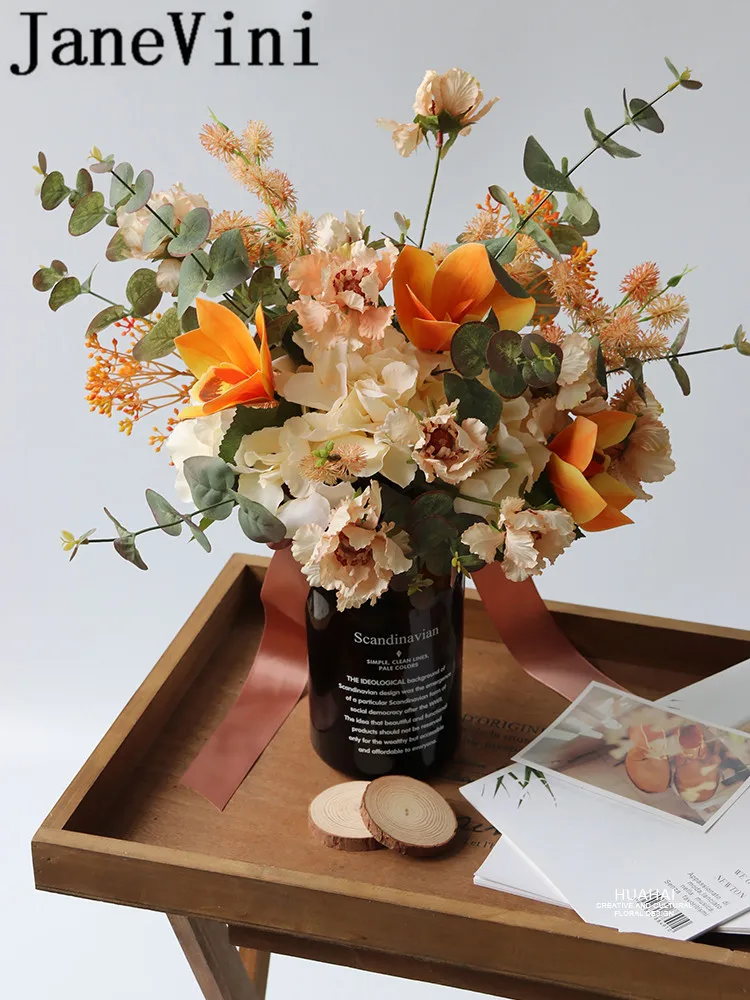 JaneVini 2019 оранжевые свадебные букеты для подружек невесты Cymbidium Eucalyptus Свадебный