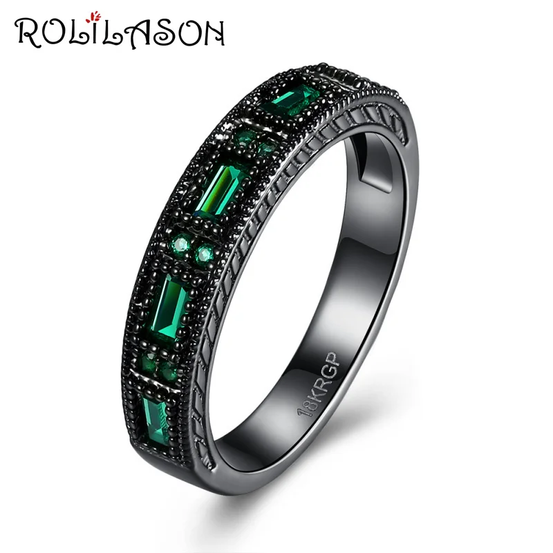 ROLILASON зеленый циркон кольца для Для женщин свадебные подарки Черное золото Тон