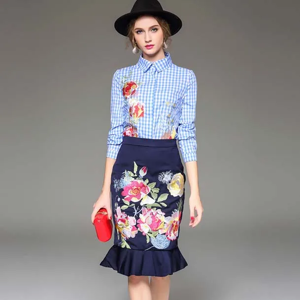 Новое Прибытие 2016 Осенние женщин Turn Down Воротник С Длинными Рукавами Вышивка