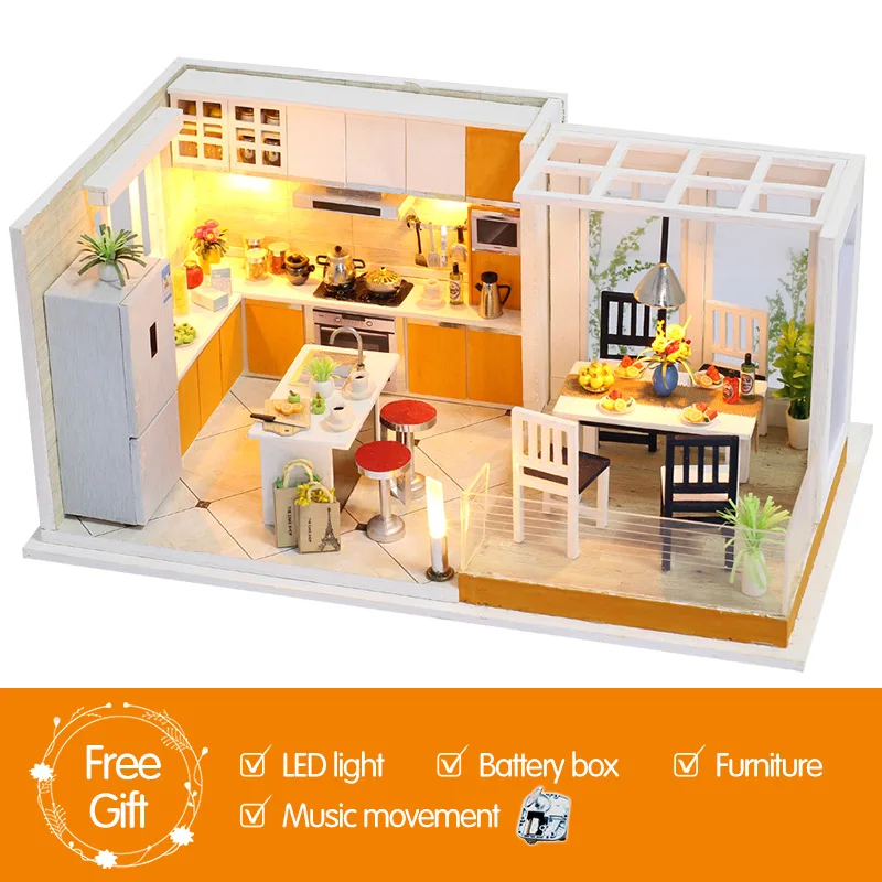 whit Musical movemen Кукольный дом мебель Miniatura DIY кукольные домики набор миниатюры кукольный домик кухня дети деревянные игрушки для детей подарок на день рождения - Цвет: whit Musical movemen