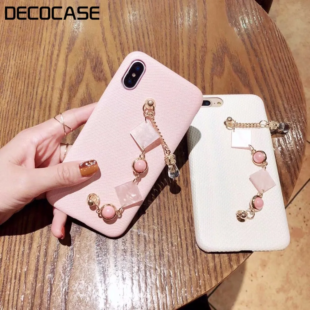 DECOCASE Pink White Fabric Phone Cases with Metallic Marble Chain Wrist Strap Covers for iPhone 6s 7 8 Plus X Max |