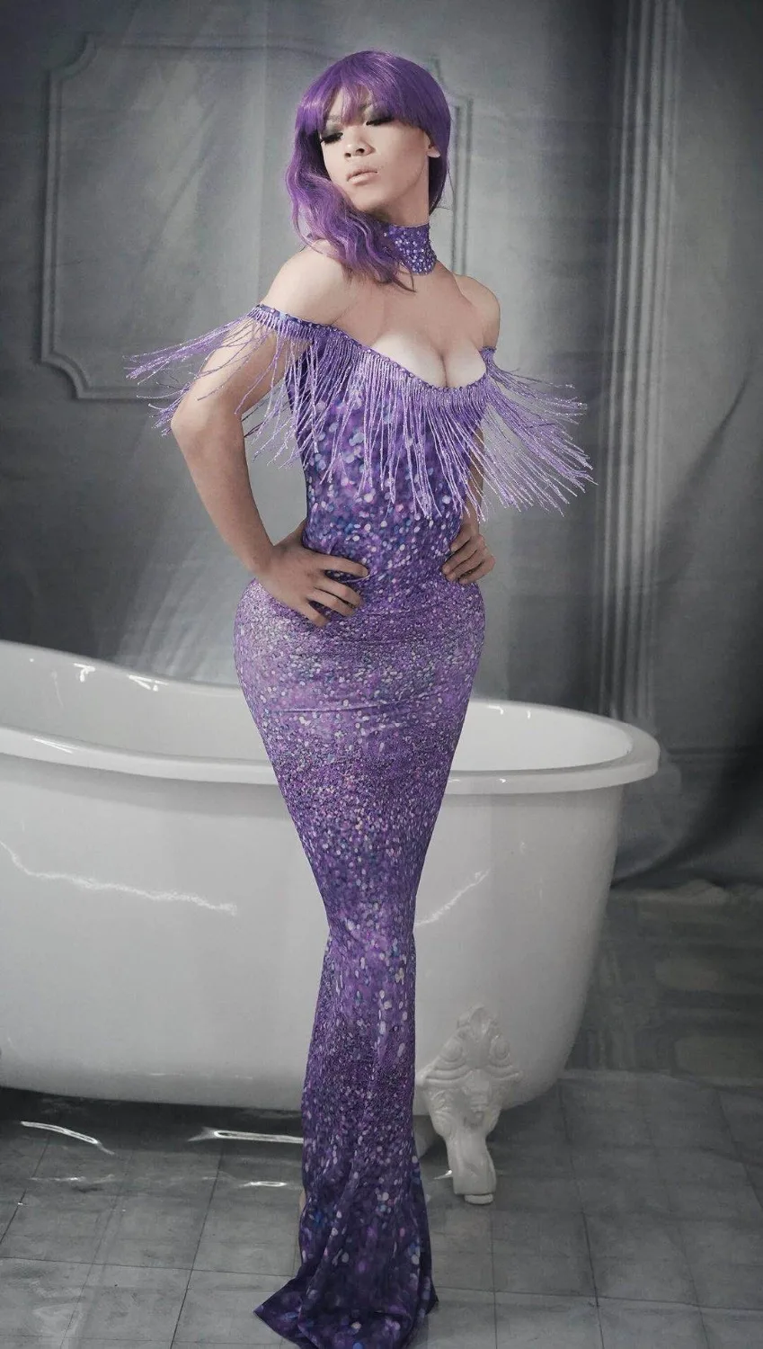 Free Shipping New High Elastic Print Off The Shoulder Long Bodycon Dress DJ Party Singer Costumes | Женская одежда