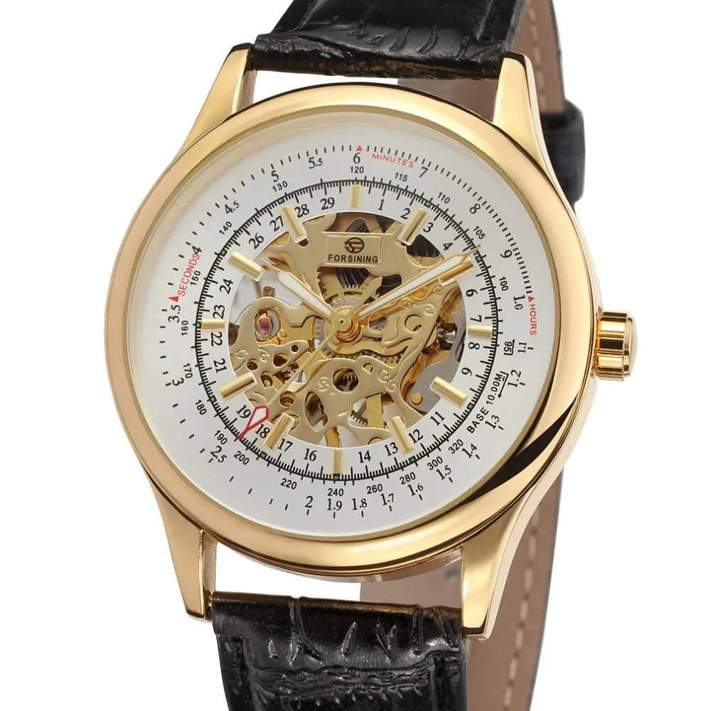 Forsining мужские часы модные повседневные механические скелетные кожаные