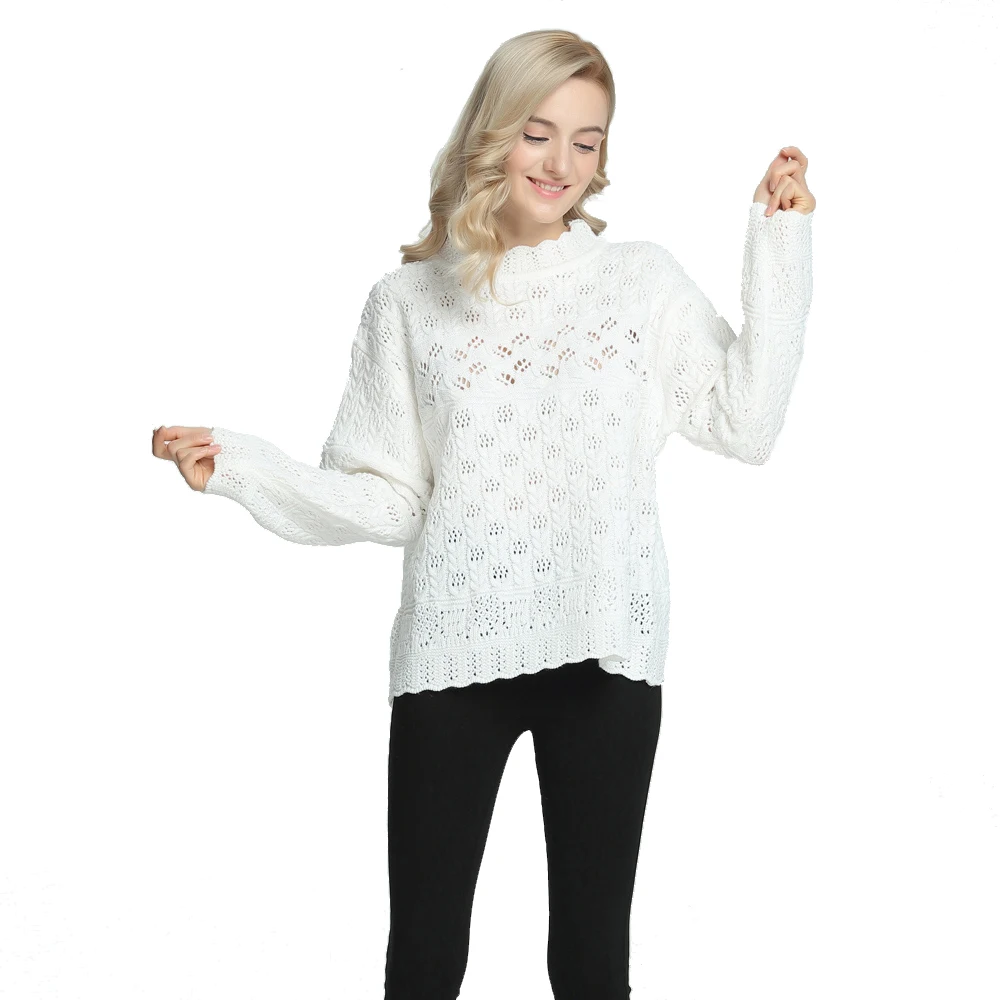 Autumn Winter Long Sleeve Wave Crochet Hollow Out Knitted Pullover Loose Women Sweater Kawaii Sweet Girl Knitwear White Jumper | Женская