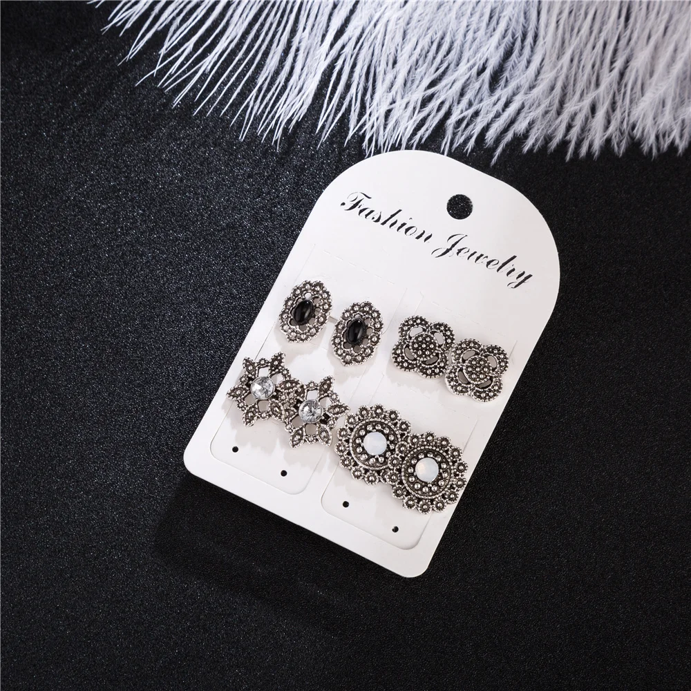 

WNGMNGL 4 Pairs/Set 2018 New Vintage Antique Silver Color Metal Bohemia Flower Oval Stud Earrings Set for Women Jewelry Gift